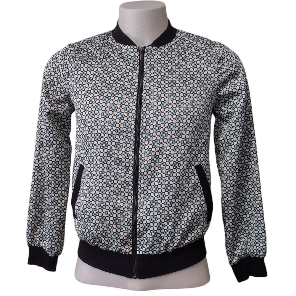 Forever 21 Bomber Jacket Medium Women Geometric Tile Print Blue Black Streetwear